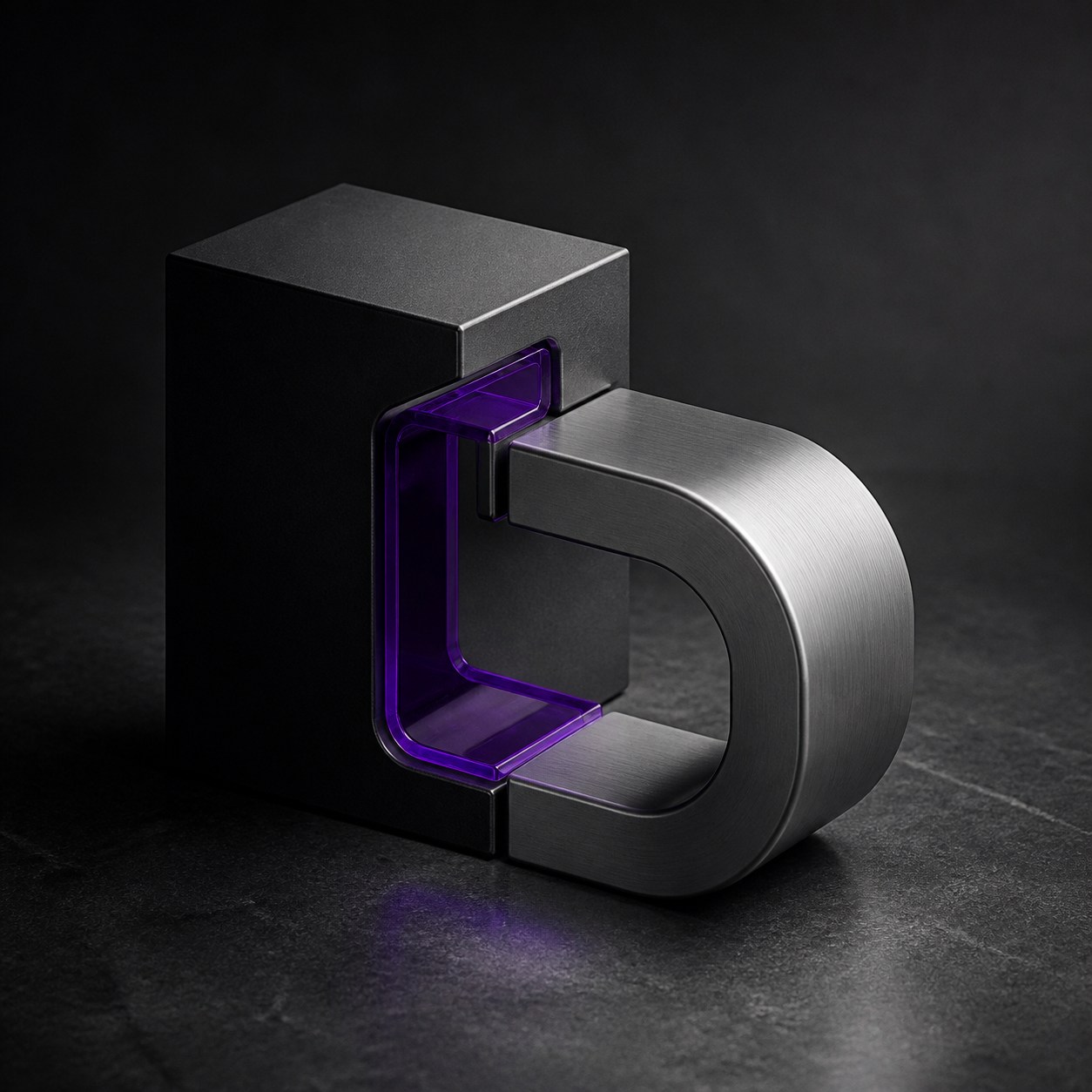 Escultura em metal e vidro violeta representando sistemas conectados